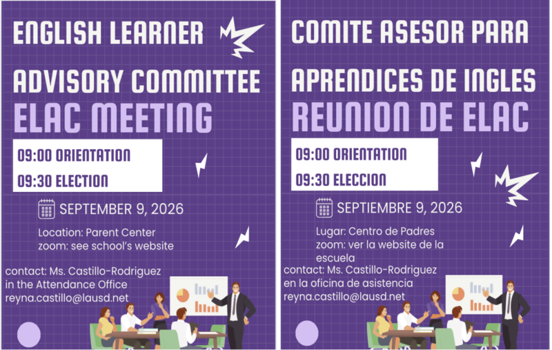 Flyer for ELAC Meeting on Tuesday 9/9/26 via zoom @ 9 am