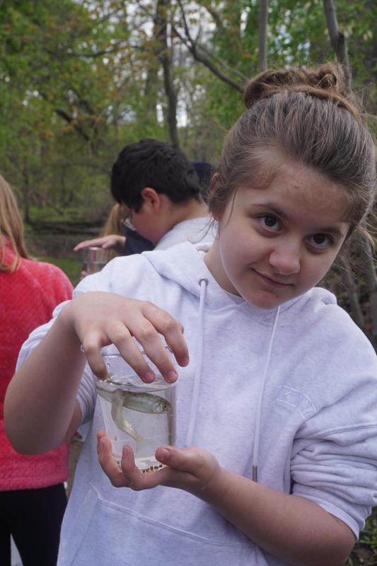 A student gets ready to release a salmon into Buck Creek.
