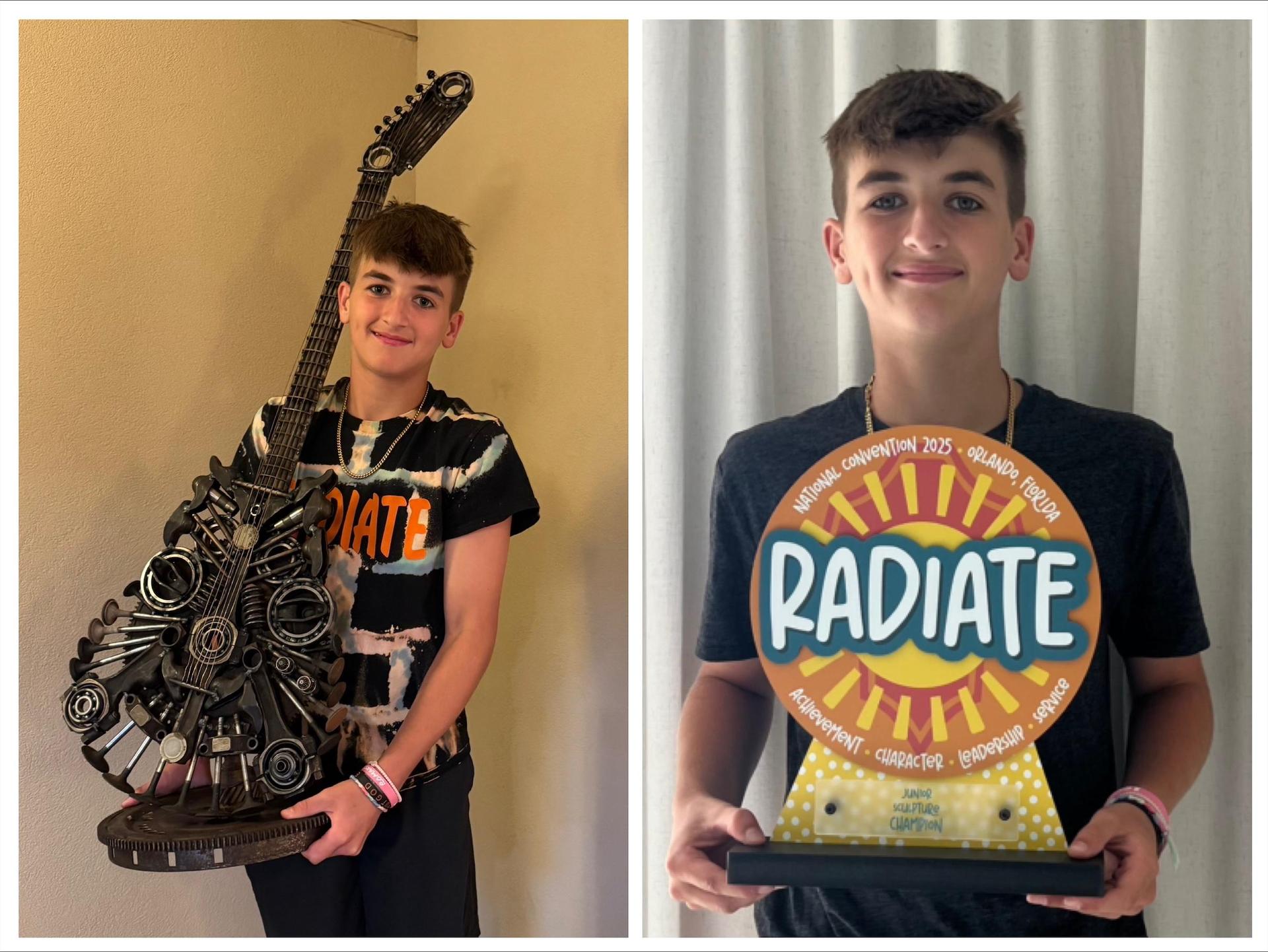 Boy holding guitar made from old motor parts.  Boys holding Radiate trophy. 