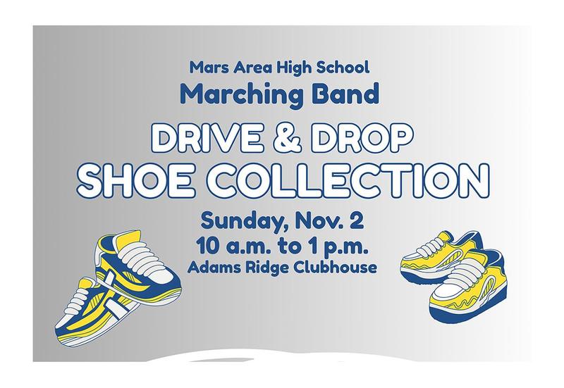 Marching band shoe collection words on a grey background with blue and gold shoes