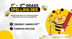 Bee on a stage with information about the Elementary Spelling Bee