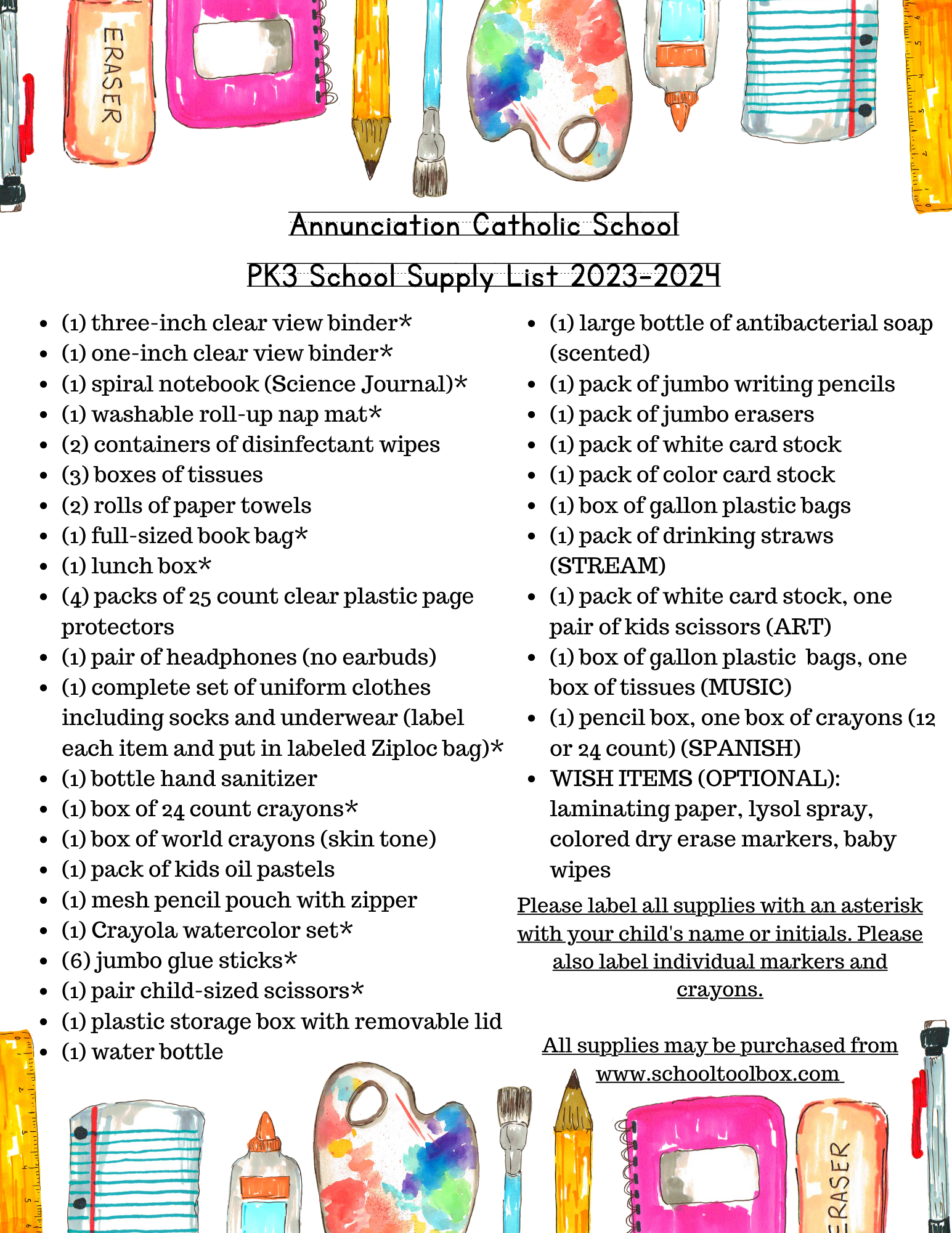 School Supplies PreK 3 Annunciation Catholic School