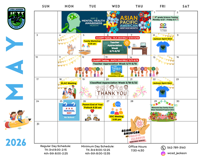 Calendar of Activities for the month of May at Lydia Jackson