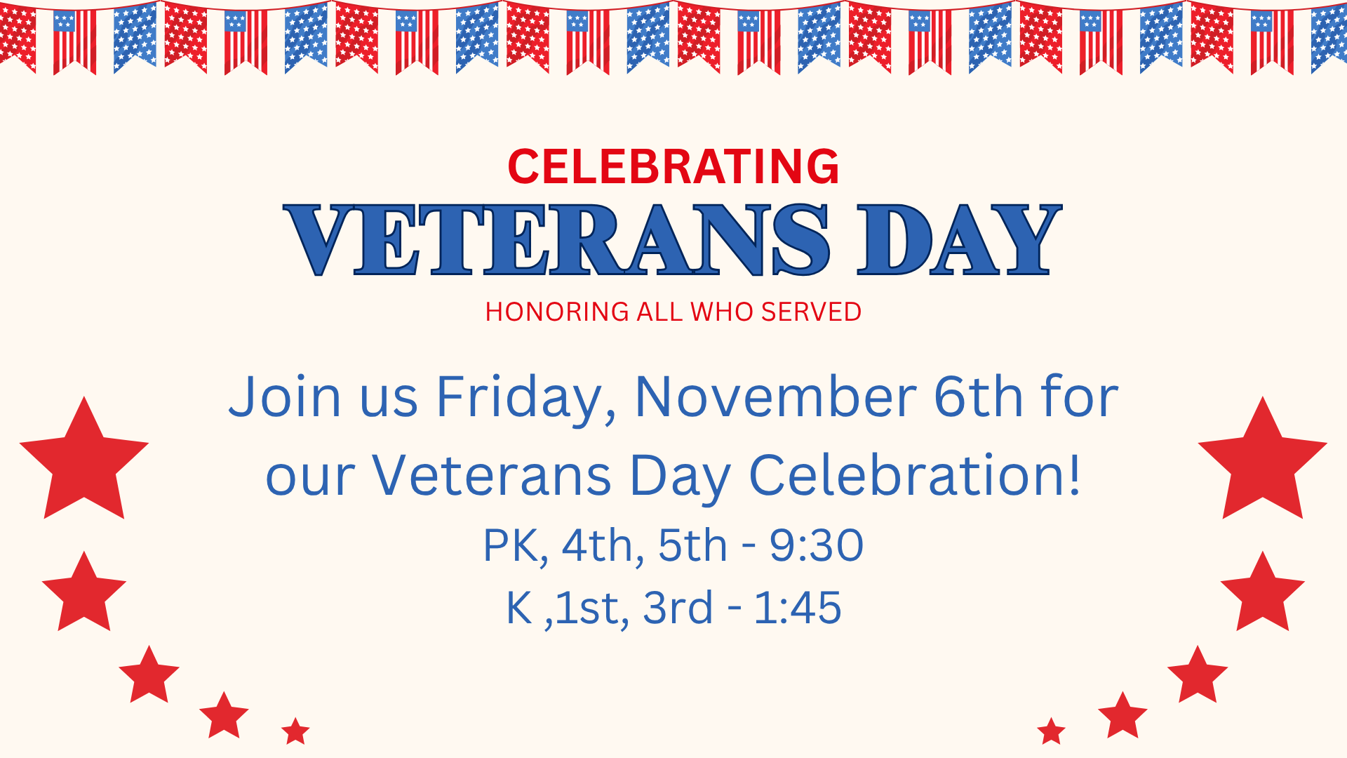 Decorative banner announcing Veterans Day celebration details.