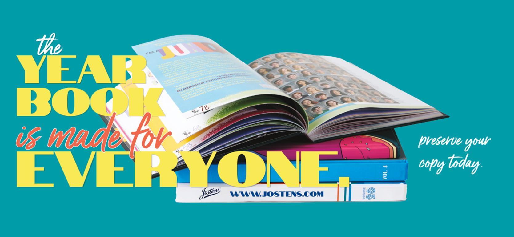 Open yearbook with pages flipped, stacked on colorful books and promotional text.