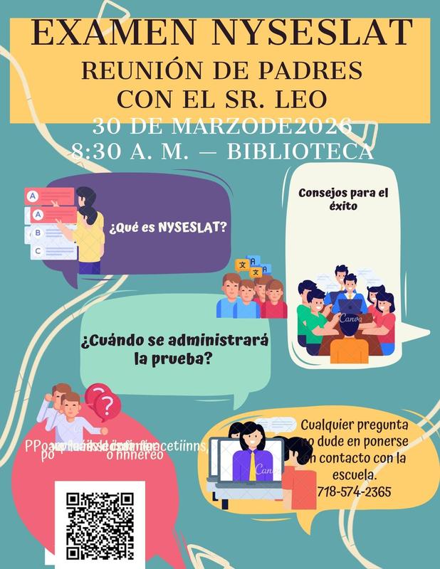 NYSESLAT Testing Parent Meeting flyer. Monday, March 30th, 2026. Spanish
