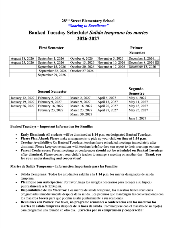 Banked Tuesday Schedule