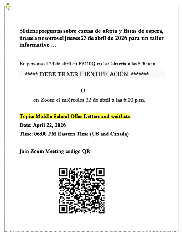 Middle School Waitlist and Offers Meeting (Spanish)