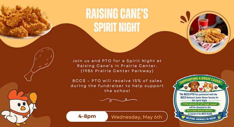 Graphic with Raising Cane's logo and informationa about spirit night
