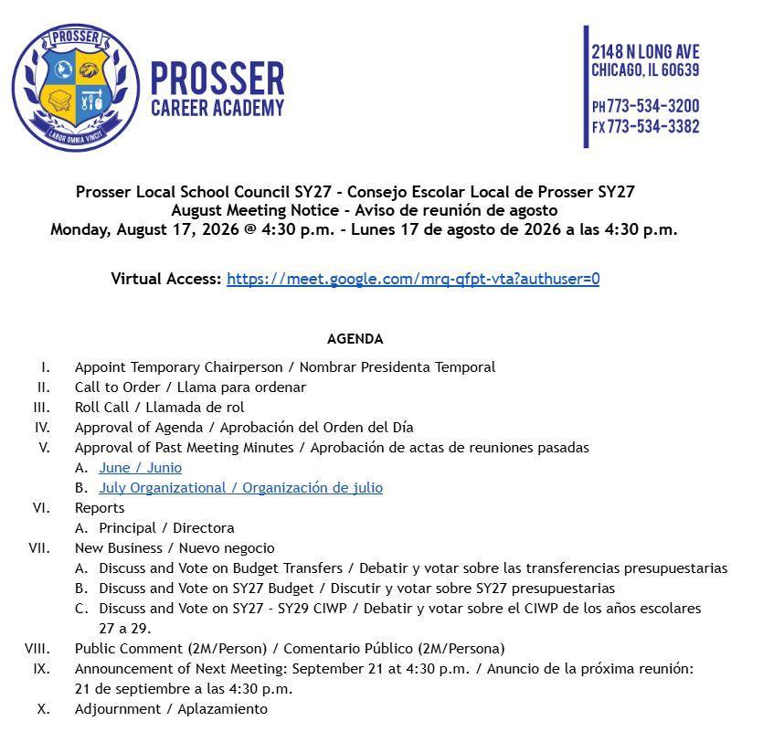 August 2026 Prosser Local School Council Meeting Notice & Agenda