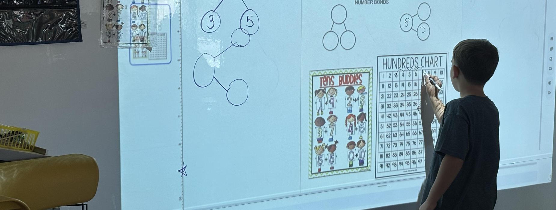 Garden City School student at the white board working on the hundreds chart