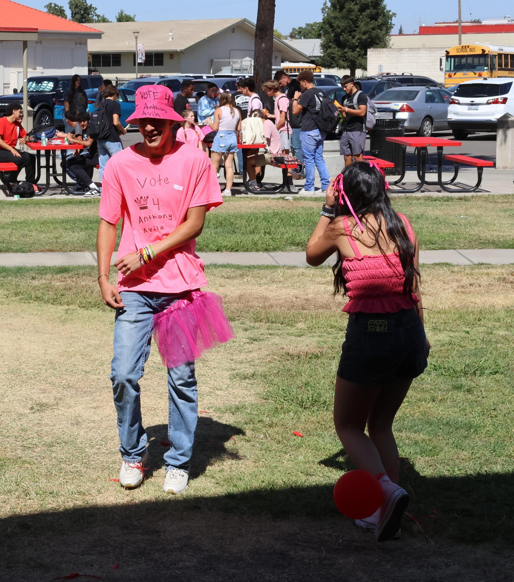 students dressed in pink to show school spirit