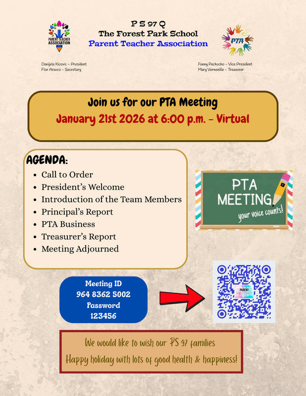 PTA meeting flyer with agenda and QR code, in English and Spanish.