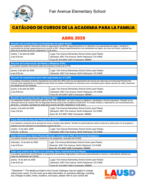 Catálogo de cursos de la Academia Familiar de abril
