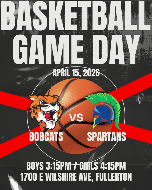 Basketball game day flyer with date, location, and time.