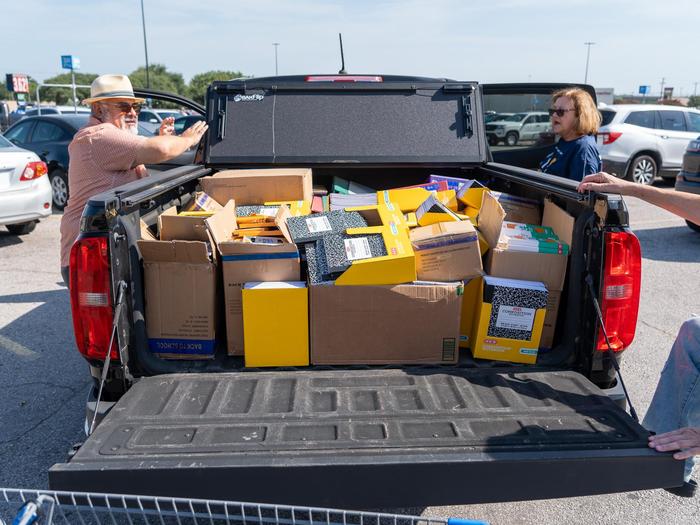A truck bed filled with school supplies