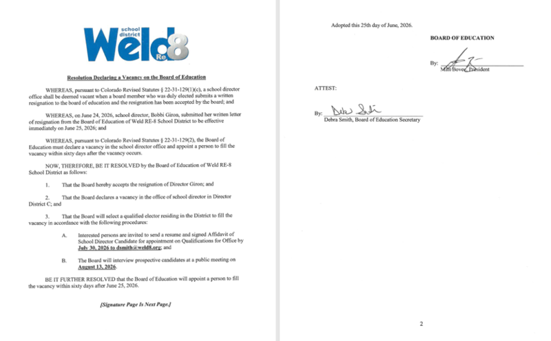Letter from the Board of Education Entitled Resolution Declaring a Vacancy on the Board of Education
