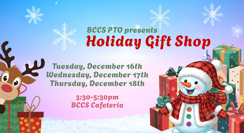 Reindeer, snowman, and gifts in a winter scence. Dates for the holiday gift shop.