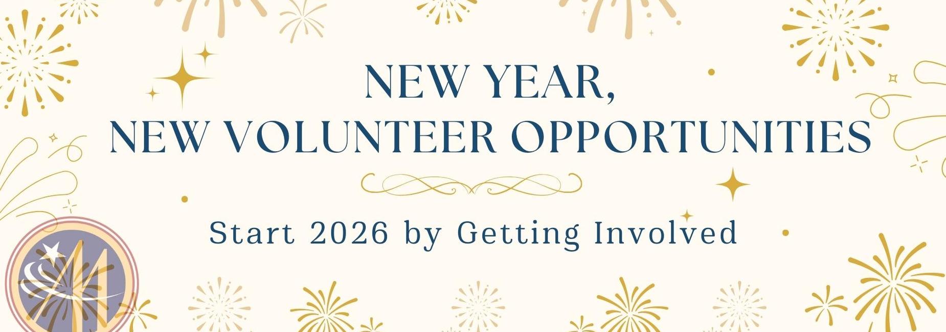 New Year announcement with decorative fireworks and call to volunteer in 2026.