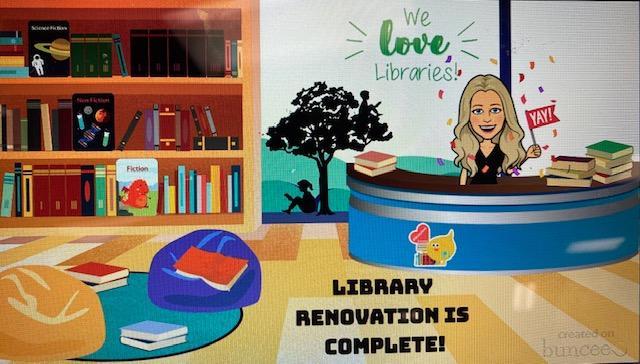 Library scene with bitmoji librarian - renovation complete