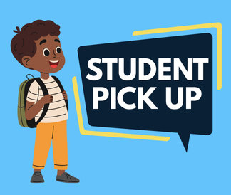 Student Pick up in a navy speech bubble with an illustrated student looking at the text