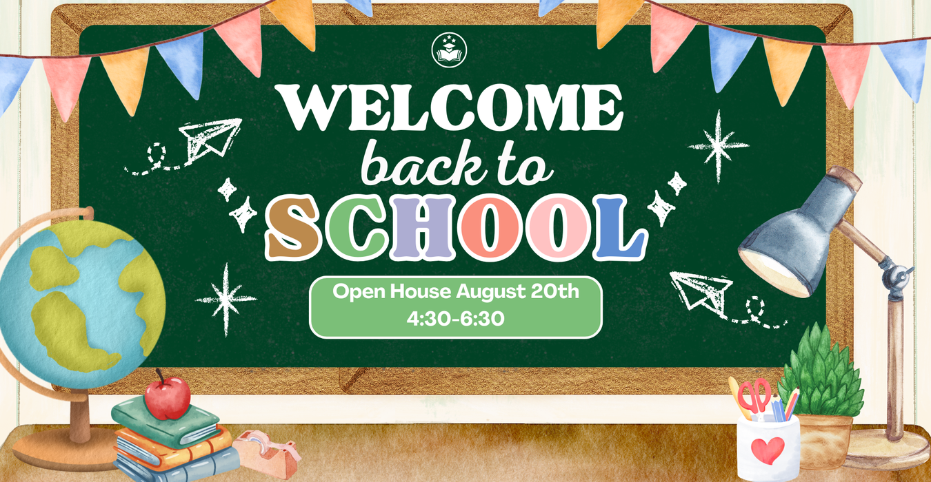 Chalkboard background with school welcome message and decorations.
