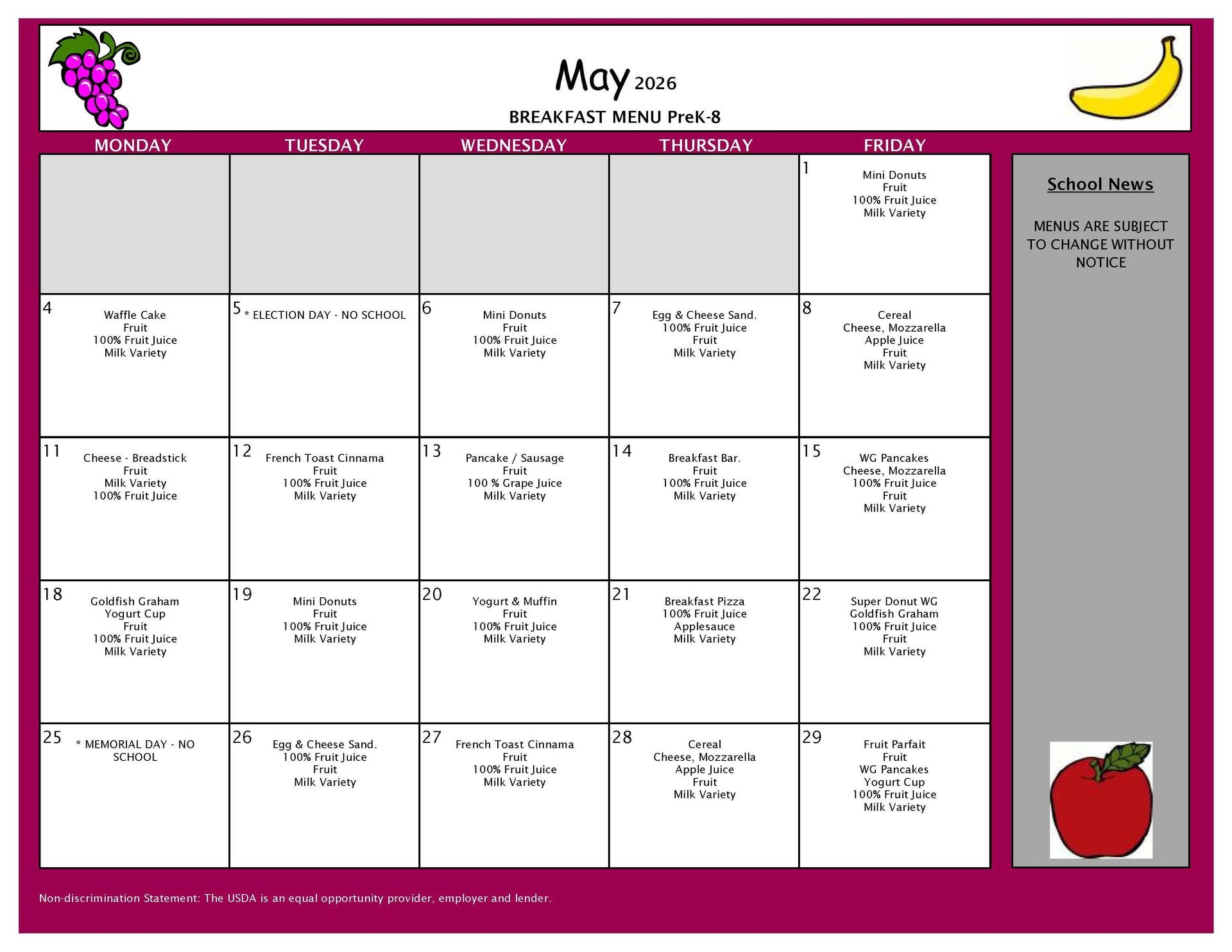 May Breakfast Grades PK-8