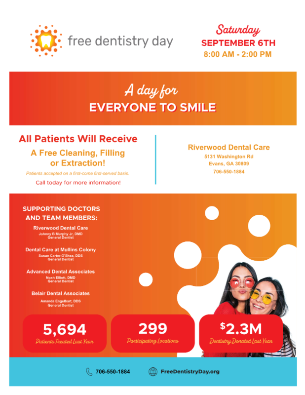 Advertisement for free dentistry services with cheerful people and event details.