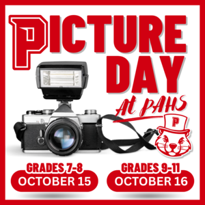 white background with red text saying picture day and the dates with a camera graphic