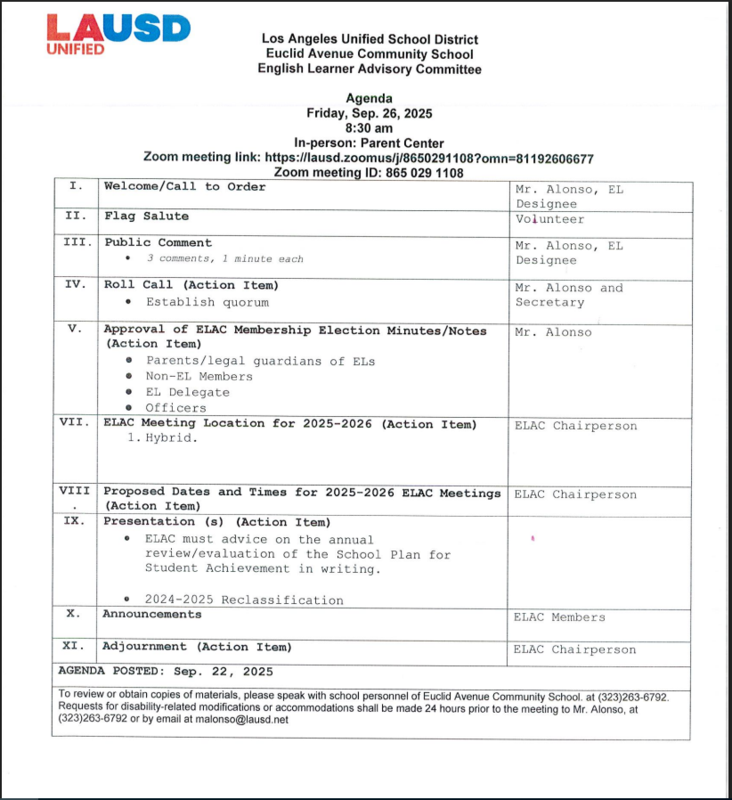 ELAC Parent Meeting Agenda