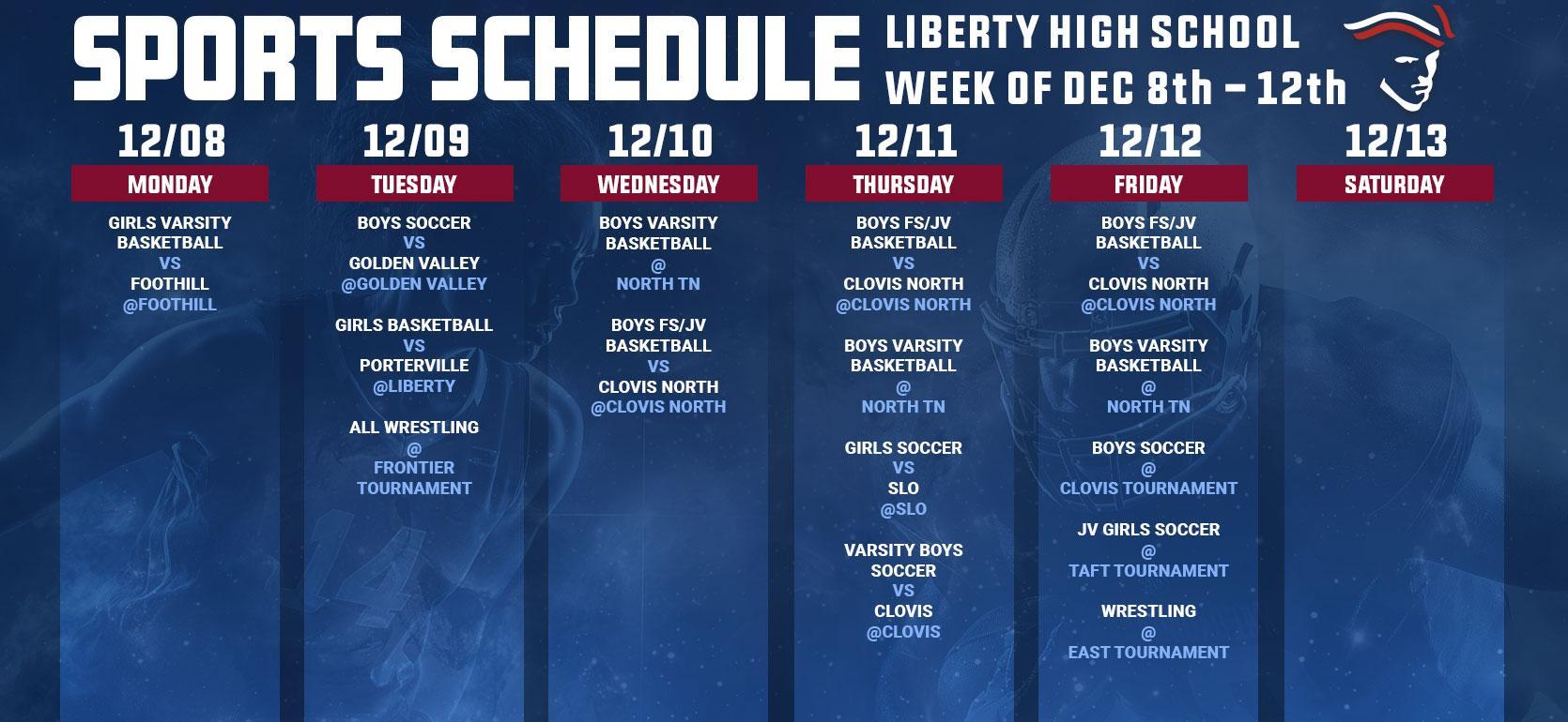 Sports schedule for Liberty High School from December 8 to 13, 2023.