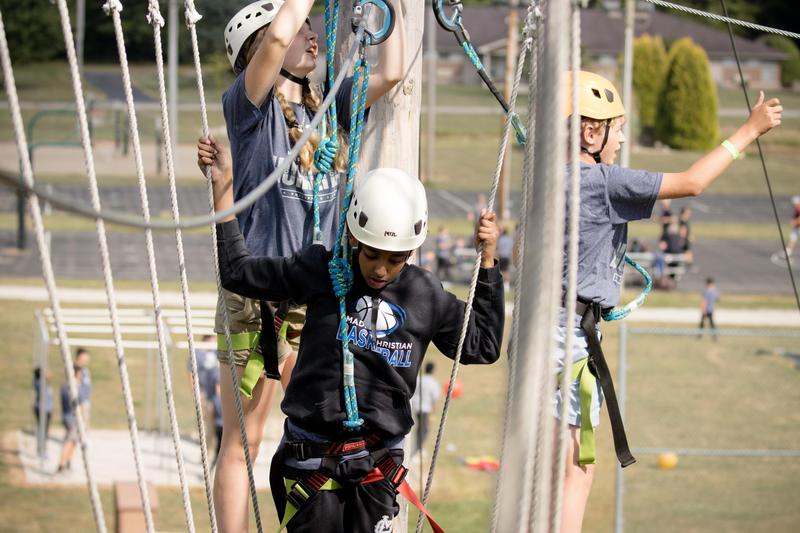 Students on the high ropes course
