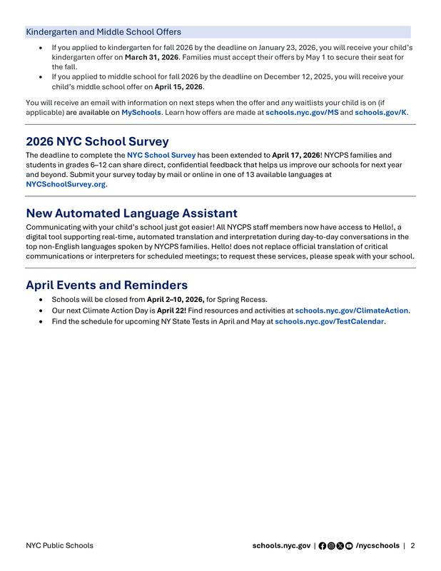 NYC Public Schools Update Spanish