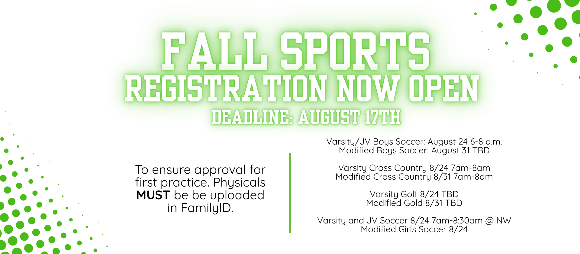 Fall Sports Registration Deadline August 17th 2026