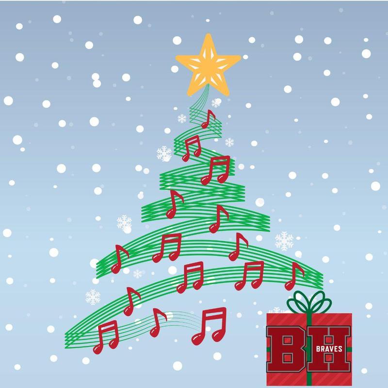 BHS gift under Christmas tree with music notes and snow in the background