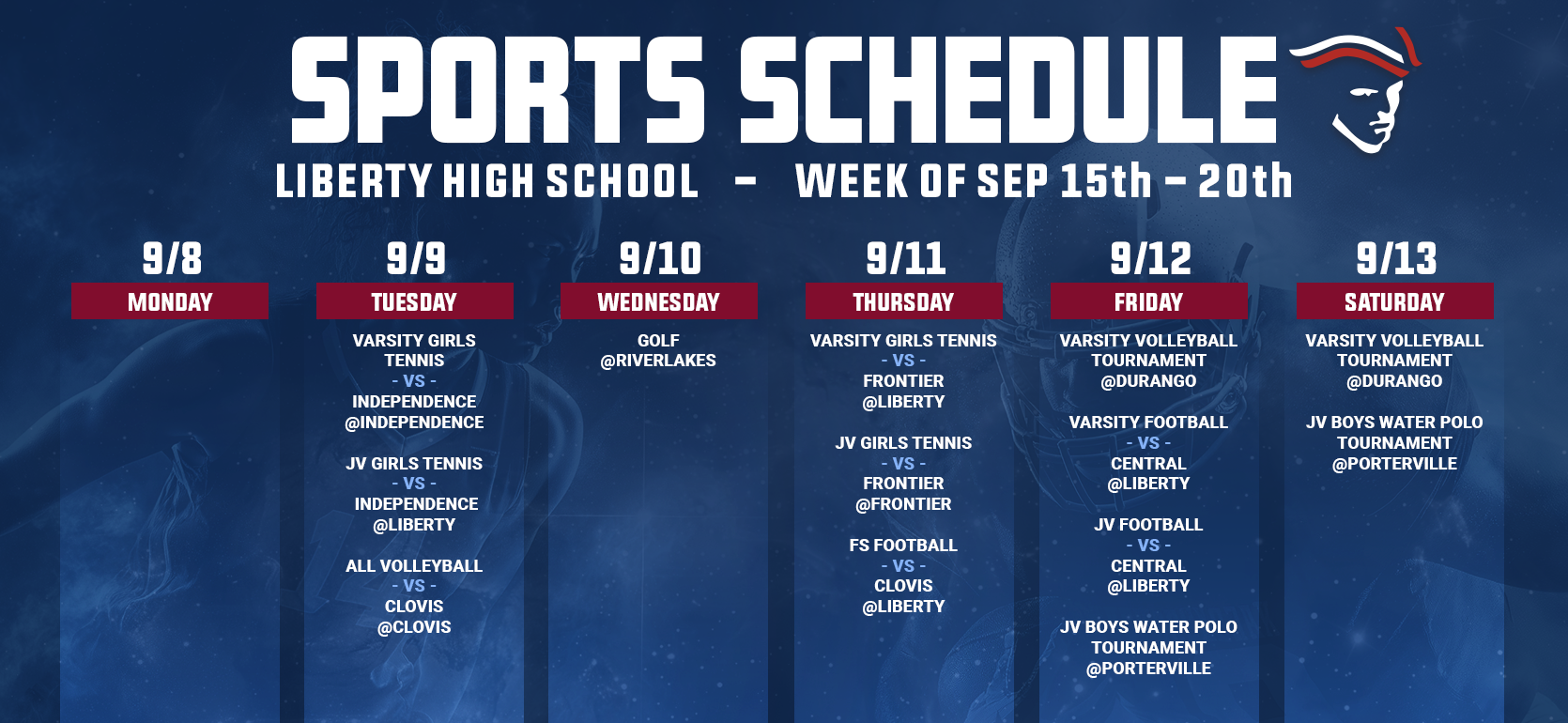 Weekly sports schedule for Liberty High School from September 8th to 13th.