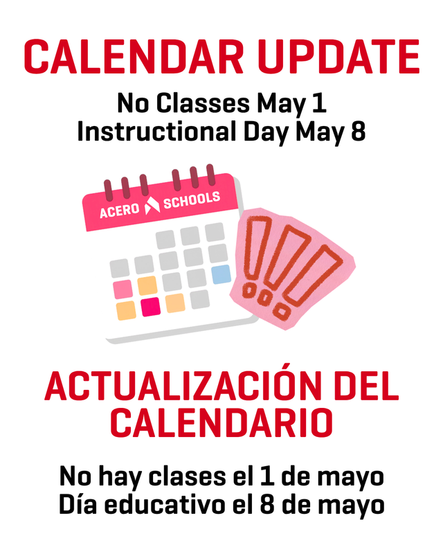 Graphic with text: Calendar Update: No classes May 1, Instructional Day May 8