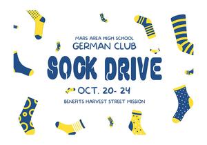 A picture of flying socks around text for a Sock Drive.