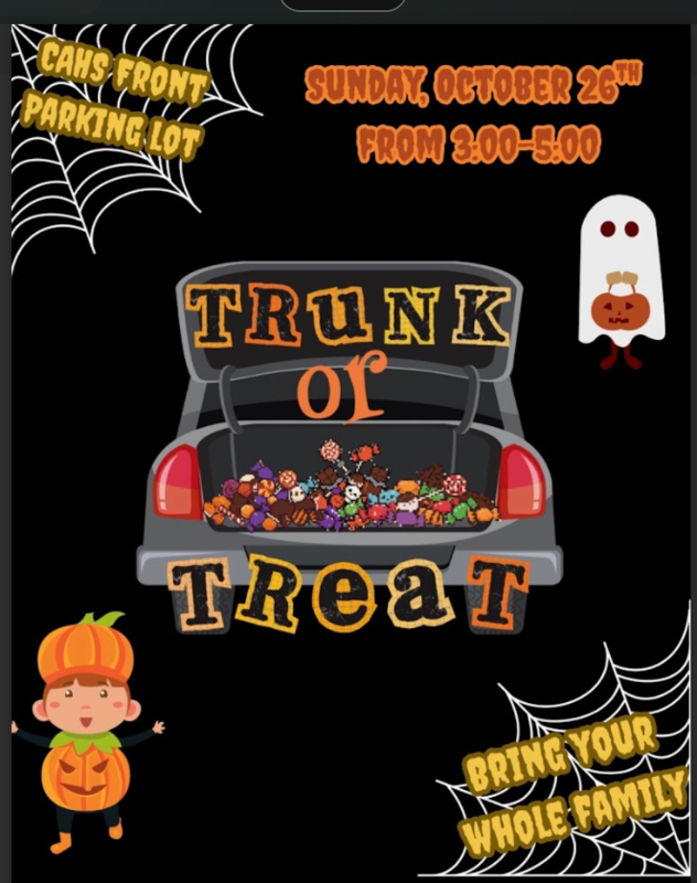 The image is a message about Trunk or Treat at the High School Parking Lot