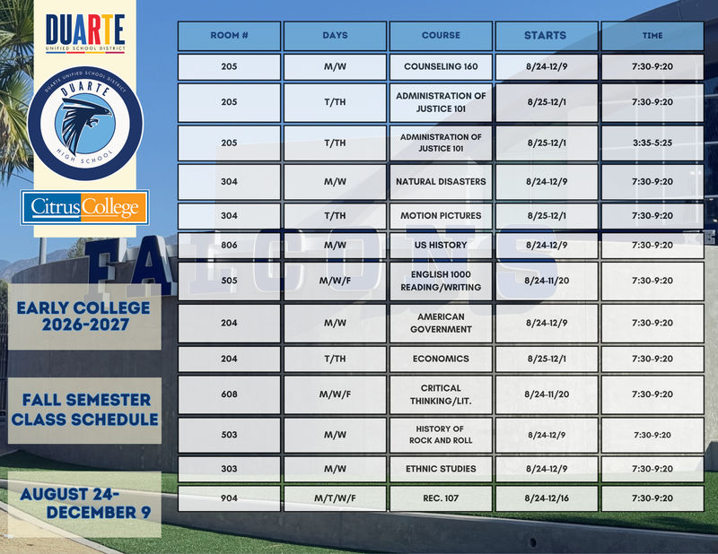Early College Fall Schedule for the 2026-2027 school year
