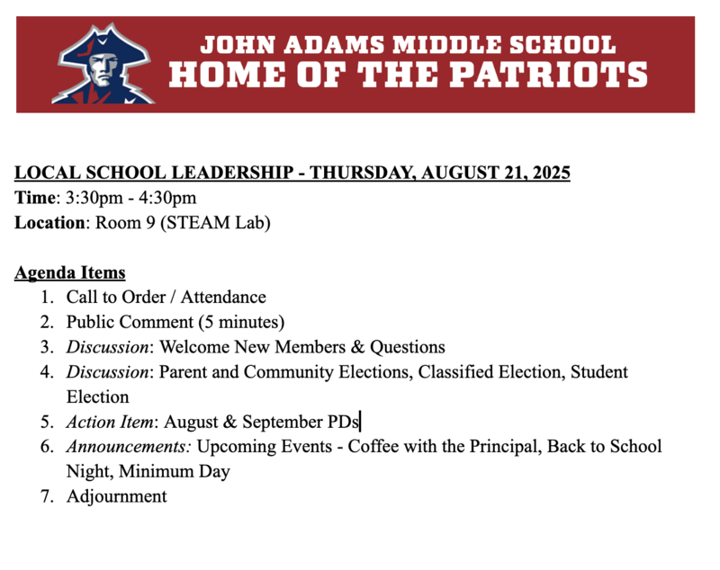 Agenda for LSLC Meeting