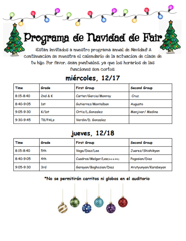 Programa Navideño de la Escuela Primaria Fair Avenue