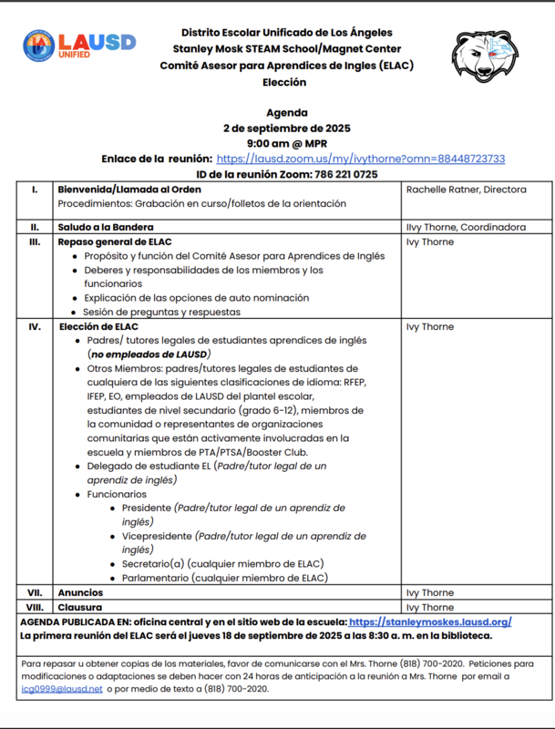 ELAC Parent Election Agenda Spanish