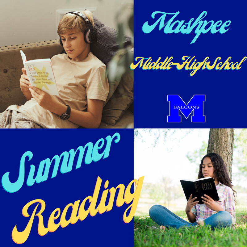 Summer Reading showing a boy with headphones reading and a girl reading outside