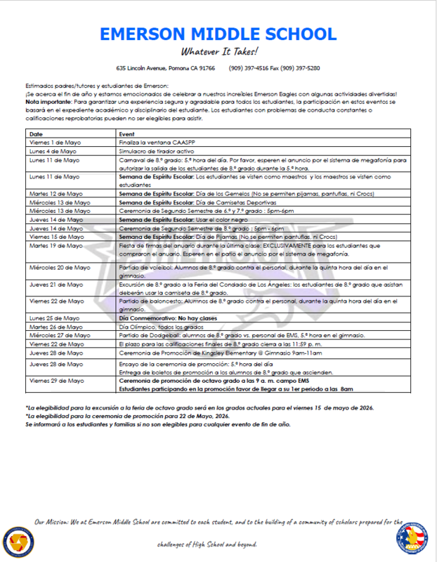 End of Year Activies EMERSON MIDDLE SCHOOL 2025-2026