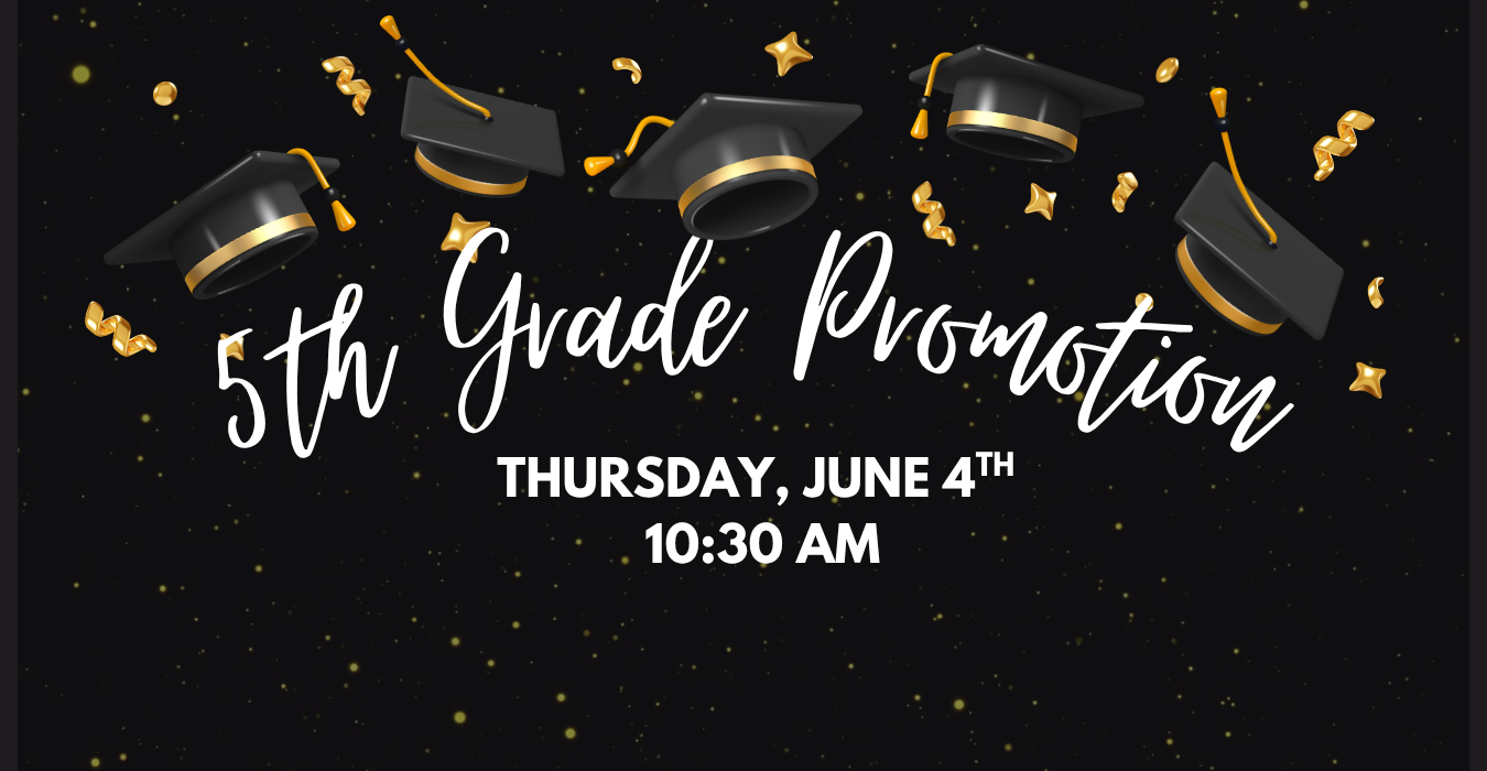 Black graduation caps with gold confetti on a starry background, promoting a 5th grade event.