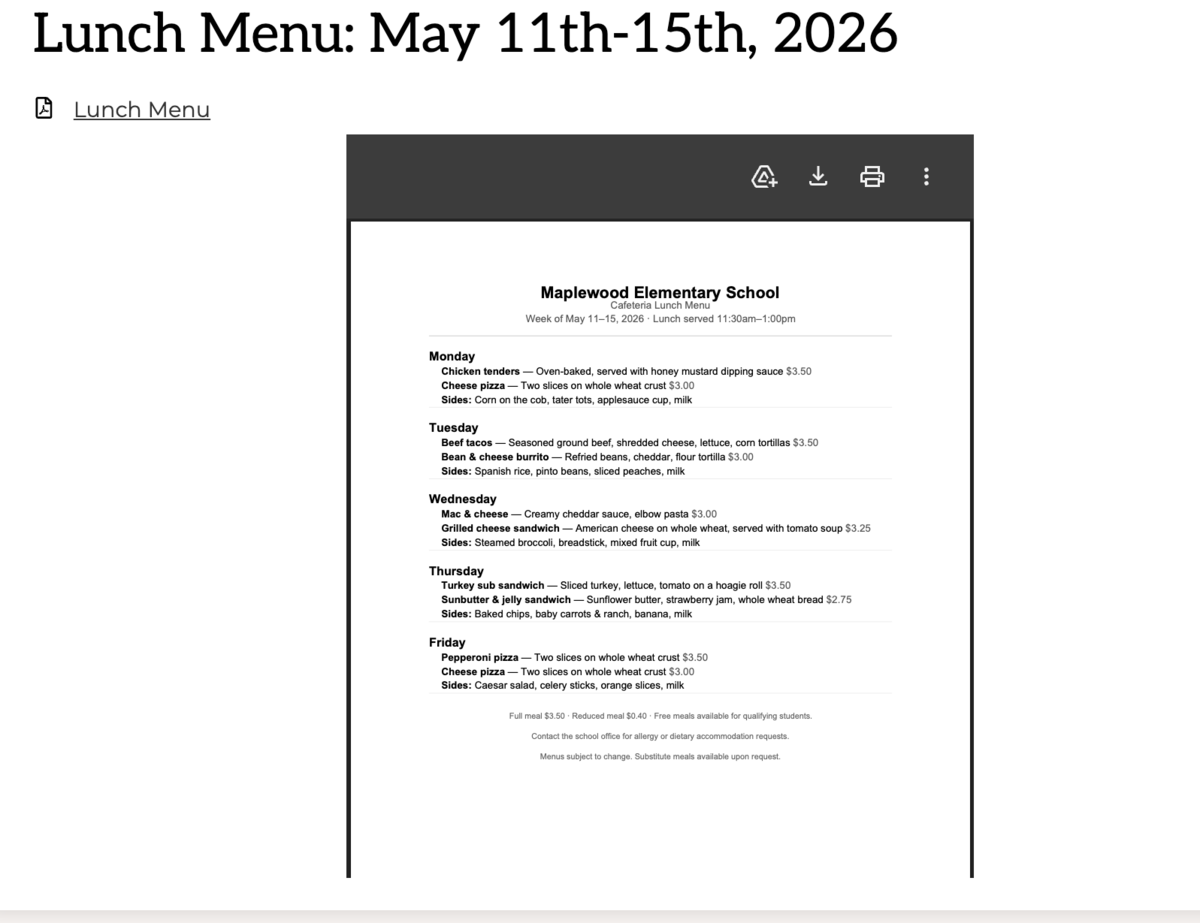 Weekly lunch menu for Maplewood Elementary School with daily meal options.
