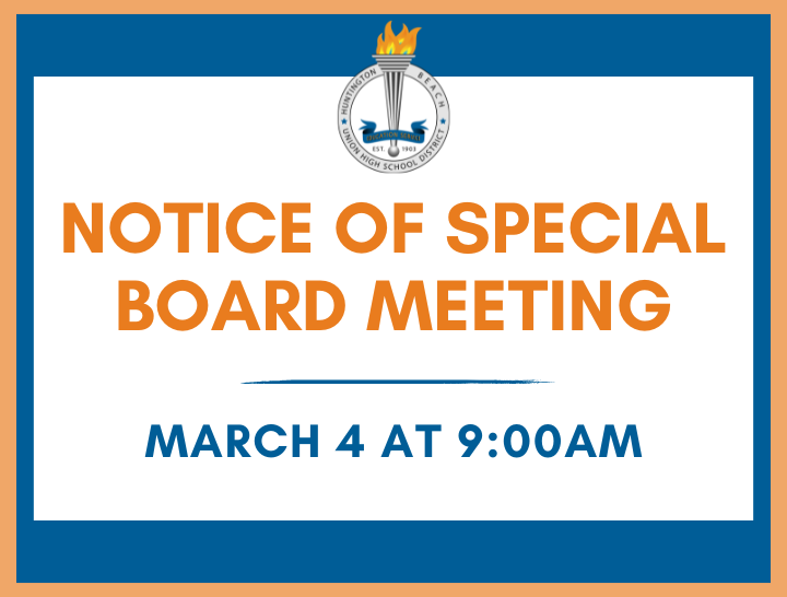 blue background with white box with orange and blue text stating a special board meeting is at march 4th at 9am