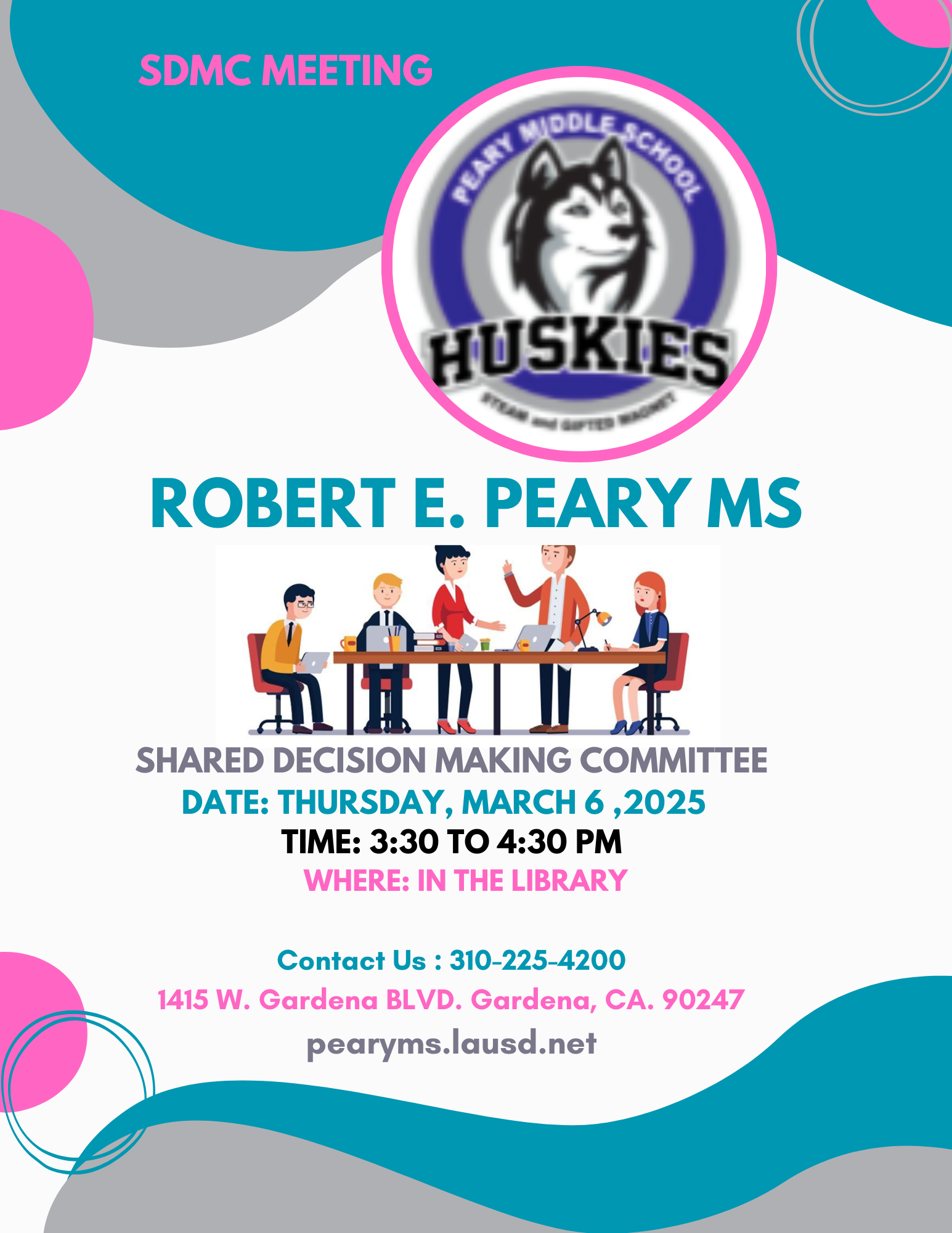 Hello Husky Families please join us for our "SDMC Meeting" this Thursday, March 6, 2025 at 3:30pm.