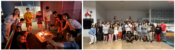 Students roast marshmallows on a fire outside; stand in the Mays lobby